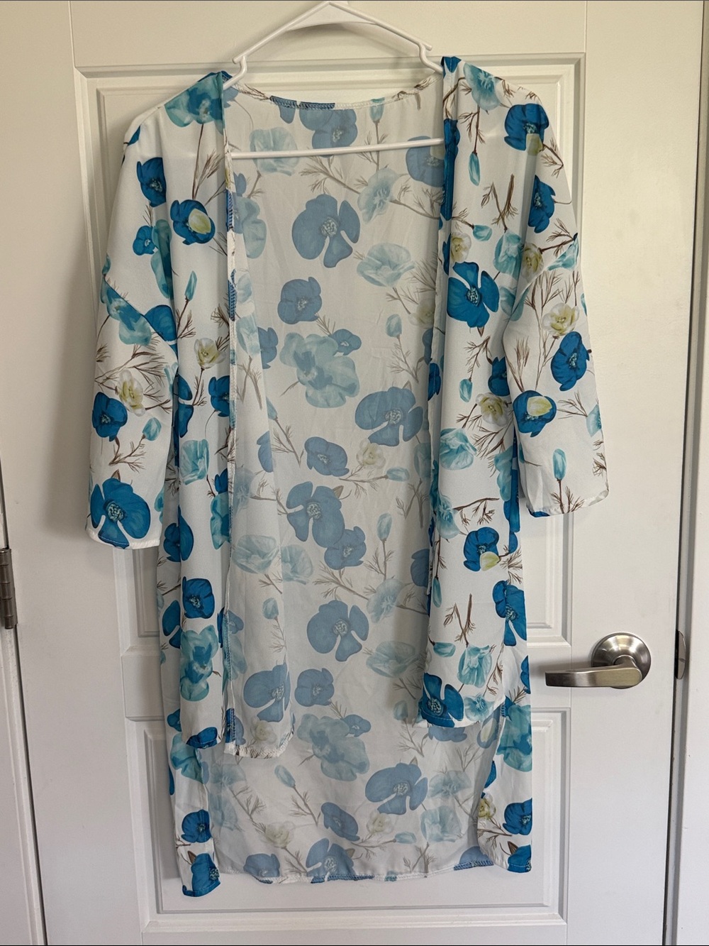 Lightweight Floral Kimono Cardigan - Blue & White